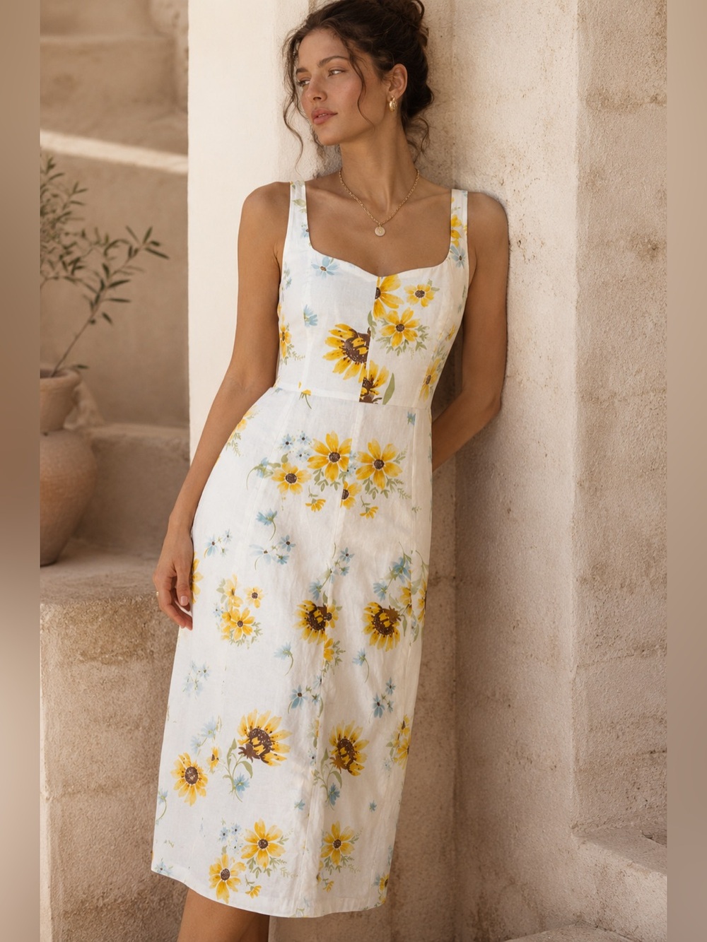 Old Navy Sunflower Floral Linen Blend Midi Dress Smocked Back Small